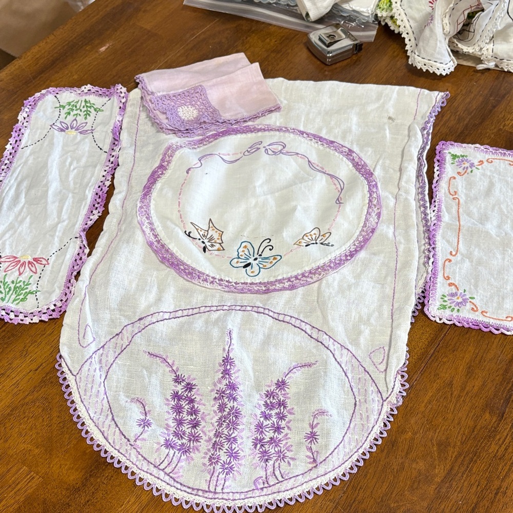 Embroidered Linen Set with Purple Accents